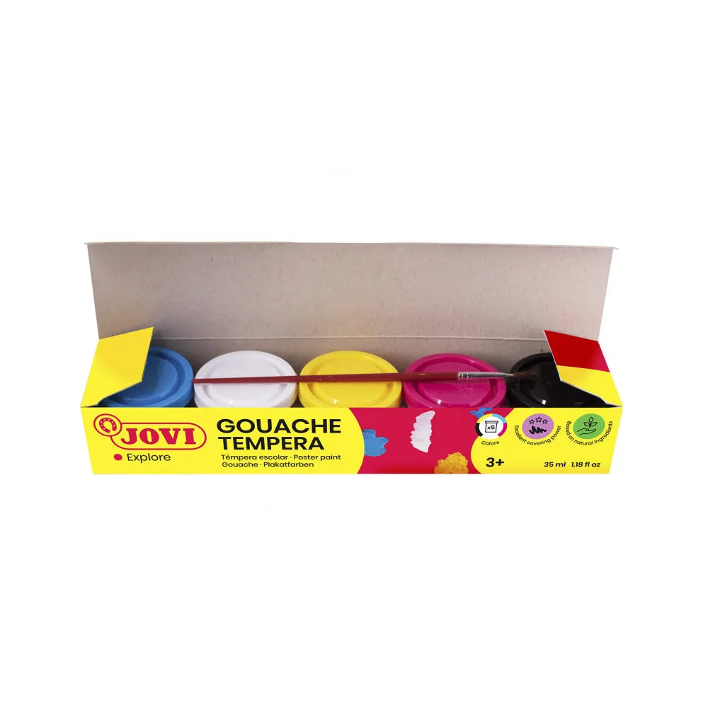 Jovi Boîte de 5 Pots de 35ml de Gouache Scolaire Assorties + 1 Pinceau