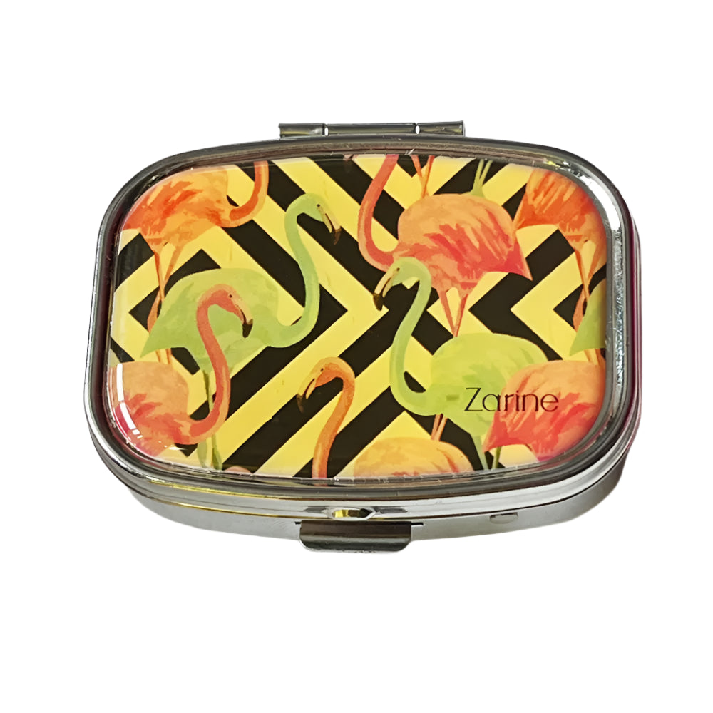 Zarine Compact 2-Compartment Pill Box - Flamingo Pattern