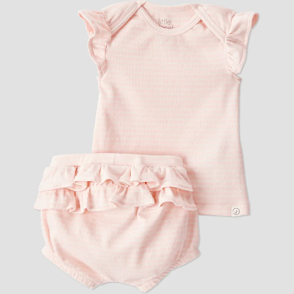 Ensemble côtelé en coton bio bébé fille - Rose