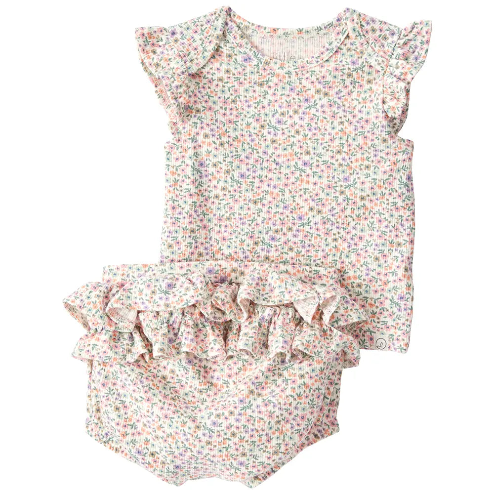 Ensemble fleuri en coton bio côtelé bébé fille