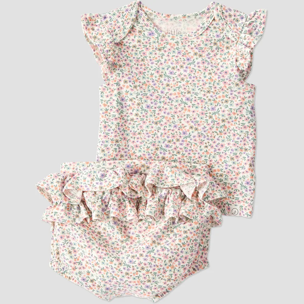 Ensemble fleuri en coton bio côtelé bébé fille