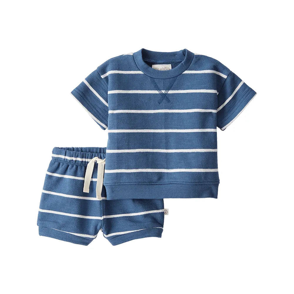 Ensemble en coton bio bébé - Rayé bleu