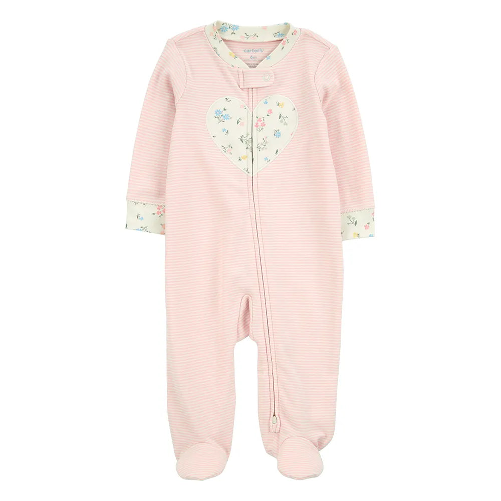 Pyjama dors-bien cœur rayé bébé fille - Coton rose
