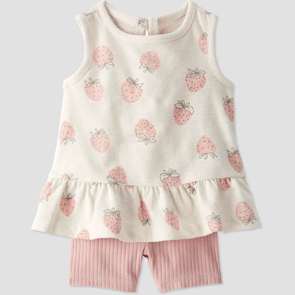 Ensemble 2 pièces fraise en coton bio bébé fille