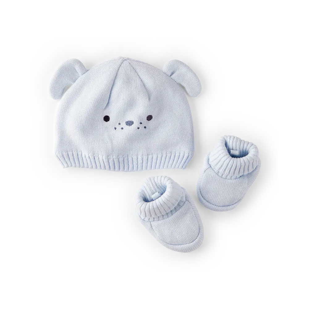 Coffret cadeau bonnet et chaussons chiot - Bleu