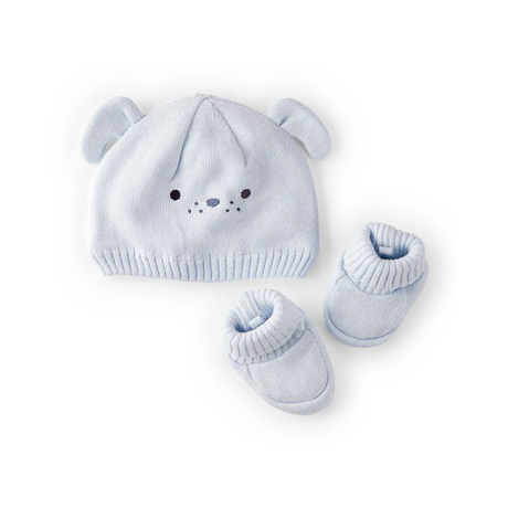 Coffret cadeau bonnet et chaussons chiot - Bleu