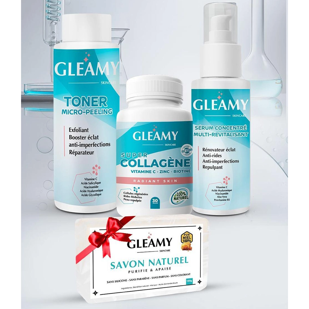 Gleamy Routine Peau Complete Toner 100ml + Collagène Boite de 30 Gélules + Serum 50ml = Savon Offert