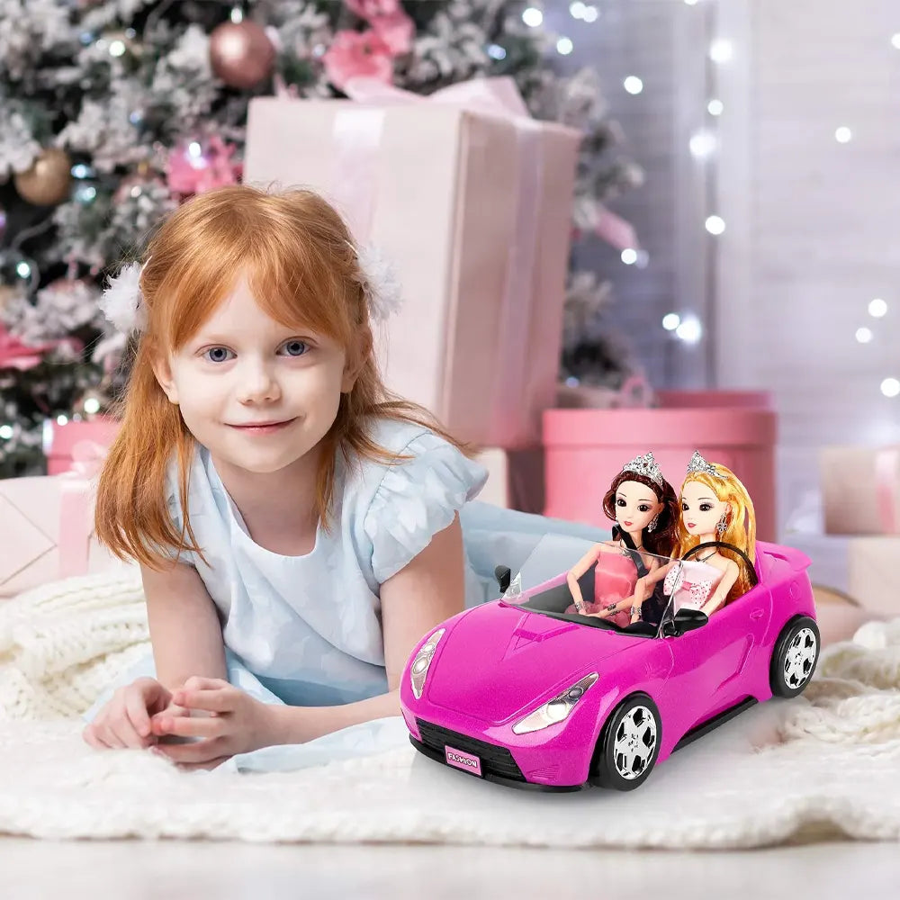 Glittery Magenta Convertible Car for Dolls - 3Y+