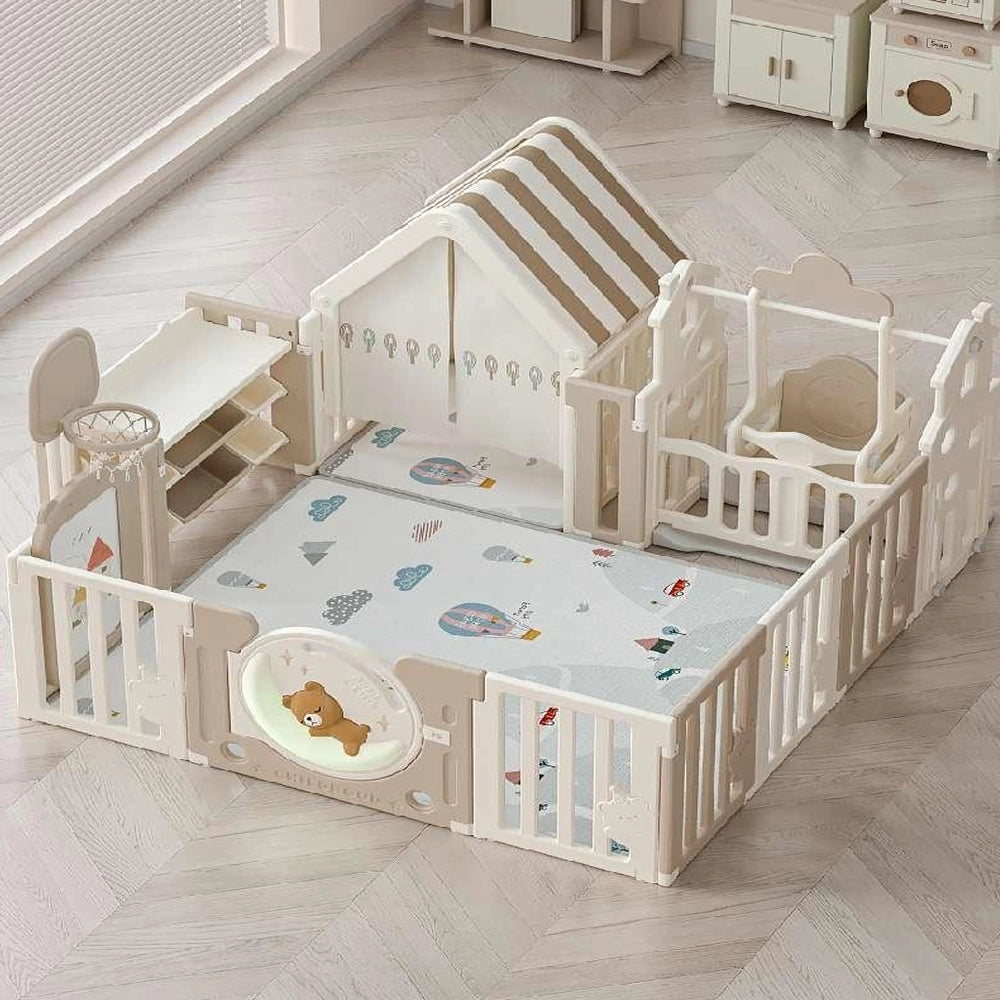 Parc de Jeux (150x180cm) + Maison + Balançoire + Filet de Basketball + Tableau de Dessin + Étagère à Jouets - Marron