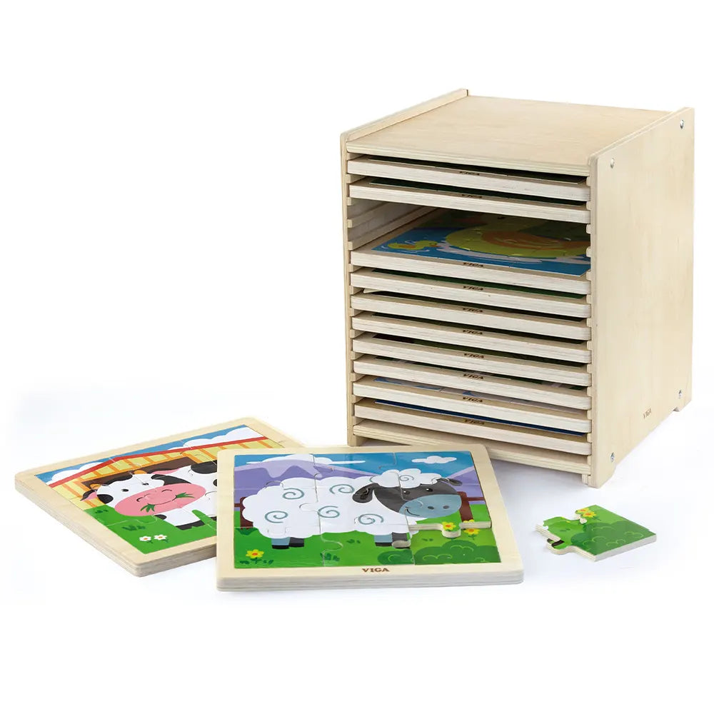 Viga Toys Set de 12 Puzzles Plats de 9 Pièces avec Support 18M+