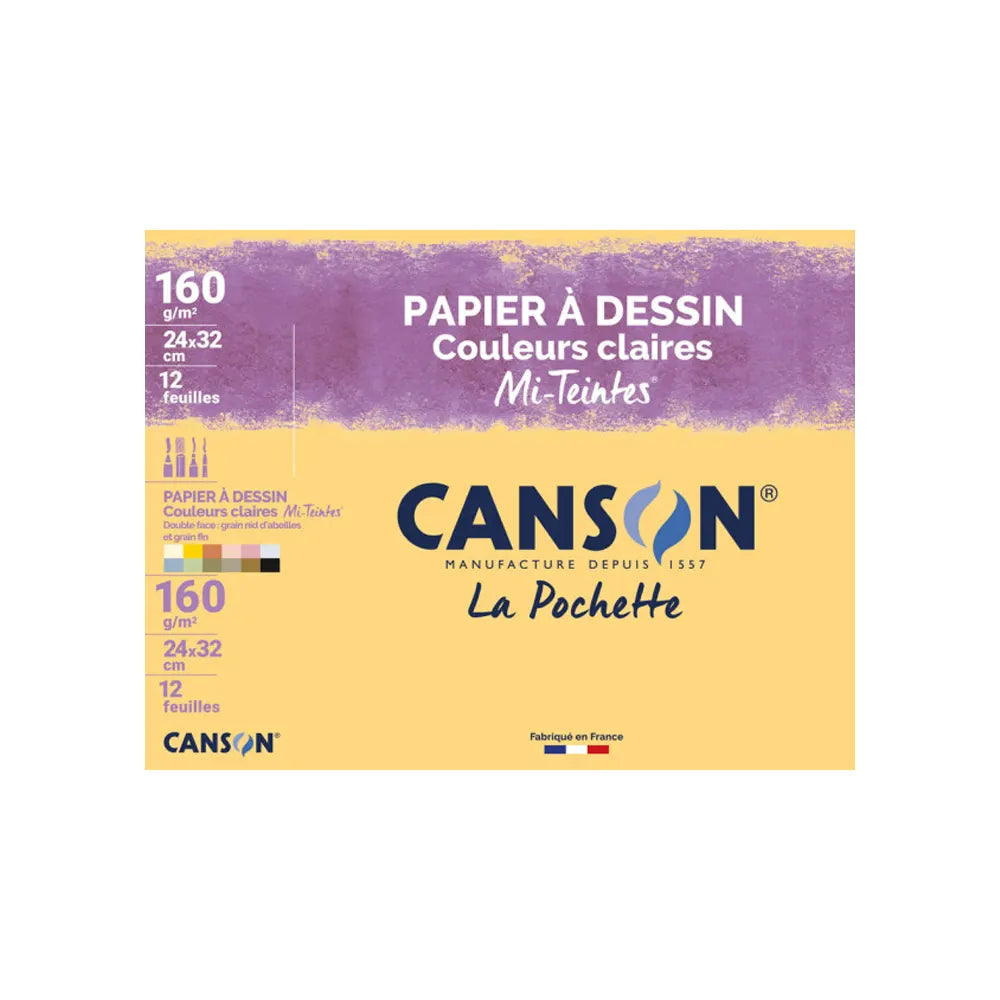 Canson Pochette 12 Feuilles Papiers à Dessin Couleurs Claires A4 – 160 g/m²