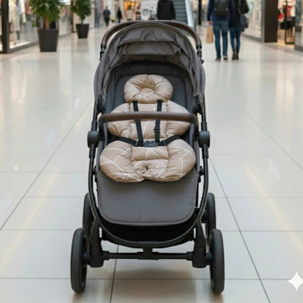 BébéYo Coussin de Poussette - Beige à Lignes Blanc