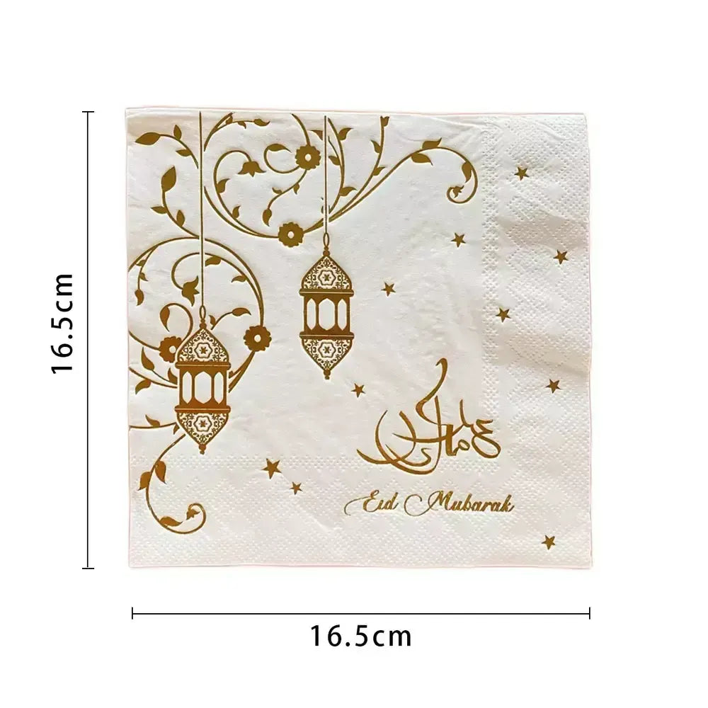 Lot de 20 Serviettes de Table pour Fête de l'Aïd 33cm - Dorée & Blanc