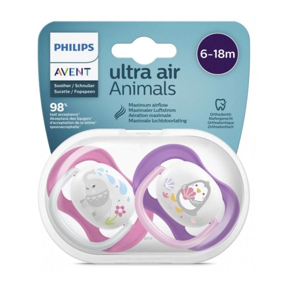 Avent Set of 2 Orthodontic Pacifiers Ultra Air Animals 6-18m Girl