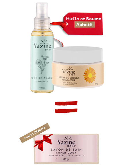 Yazine Offre de Change : 1 Huile de Change + 1 Baume Réparateur de Change = 1 Savon Doux Offert