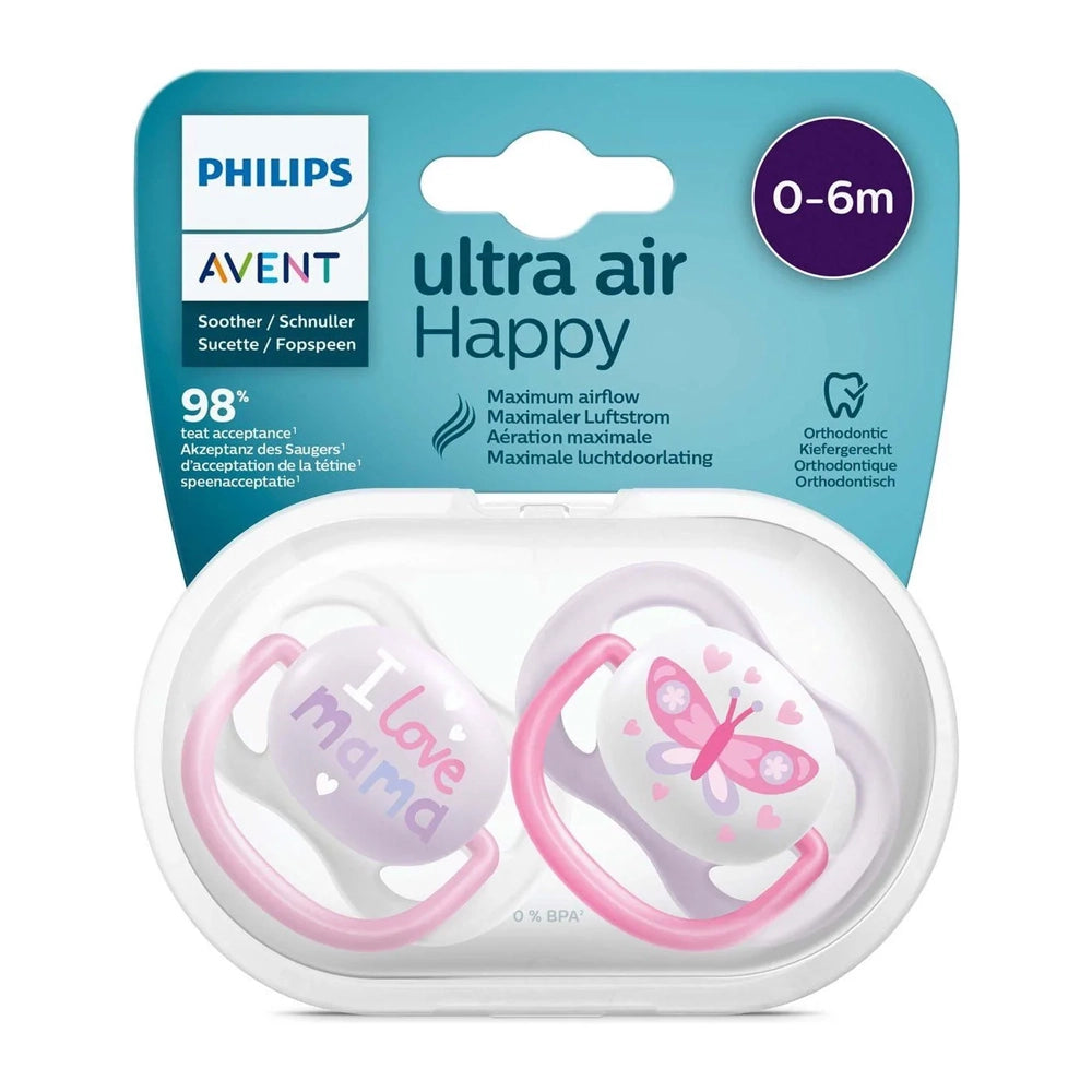 Avent Lot de 2 Sucettes Ultra Air Collection Happy 0-6m Fille