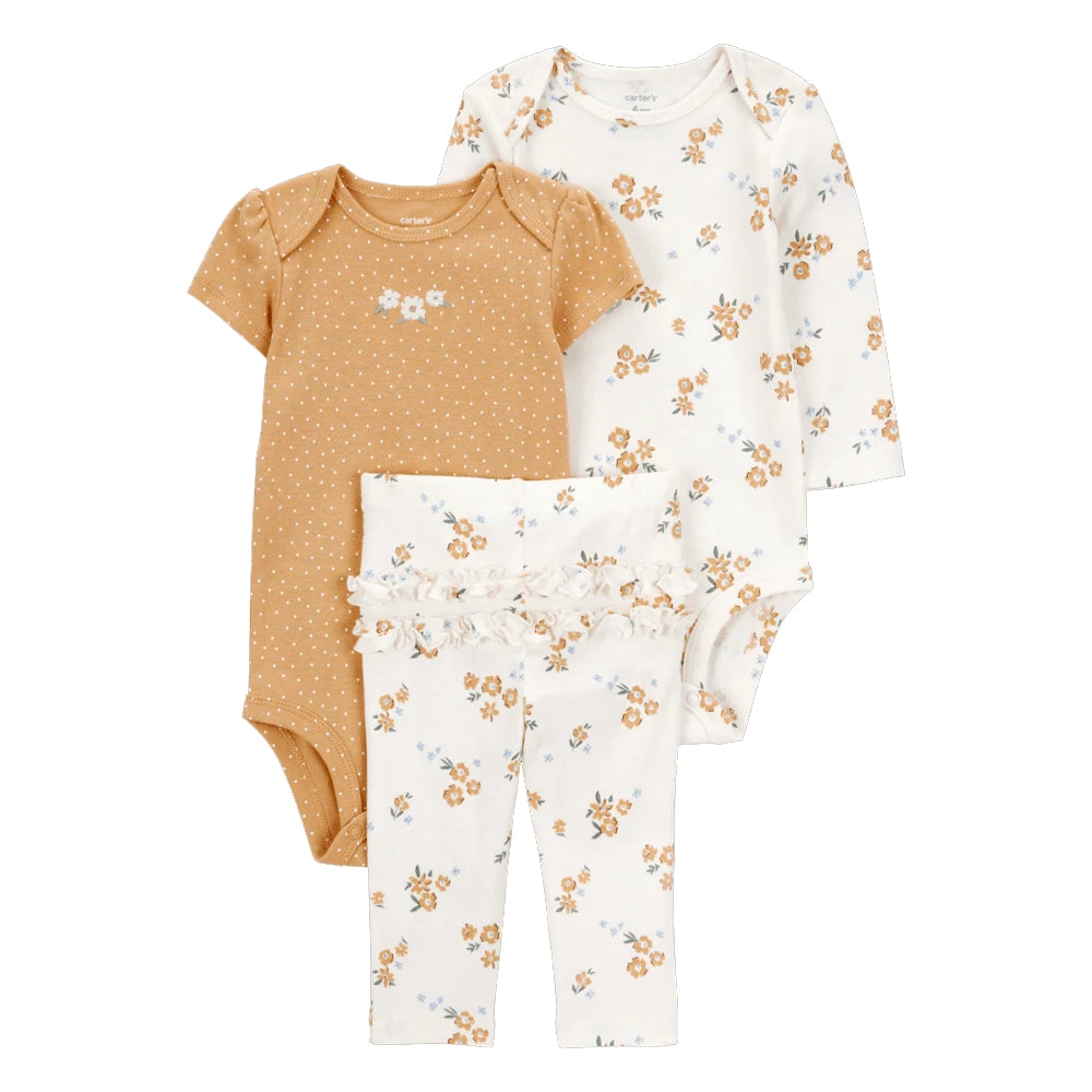 Conjunto de 3 Piezas para Bebé Niña Carter's - Floral Dorado y Blanco