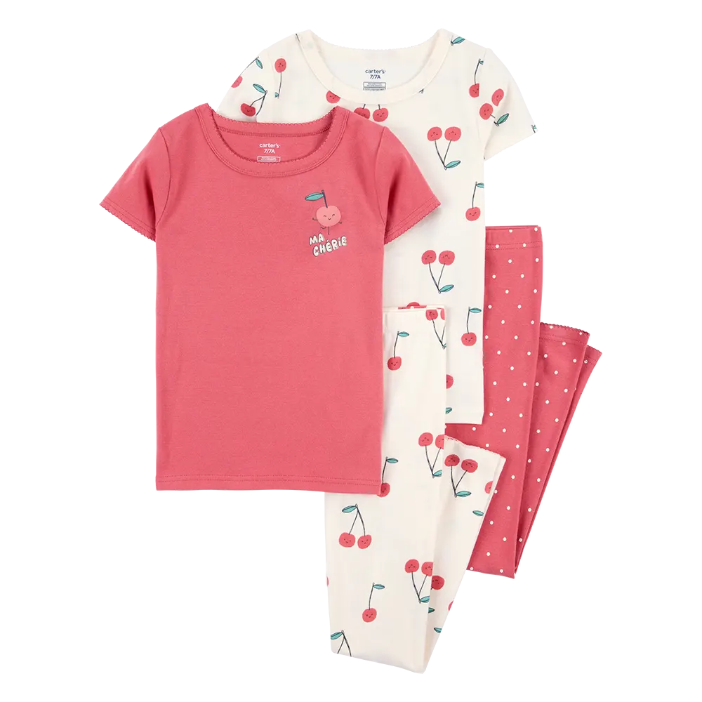 Pyjama 4 pièces cerise fille - 100% Coton