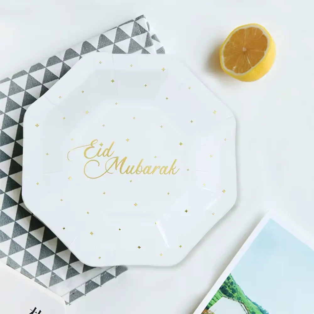 Lot de 8 Assiettes en Papier Eid 18cm - Doré & Blanc