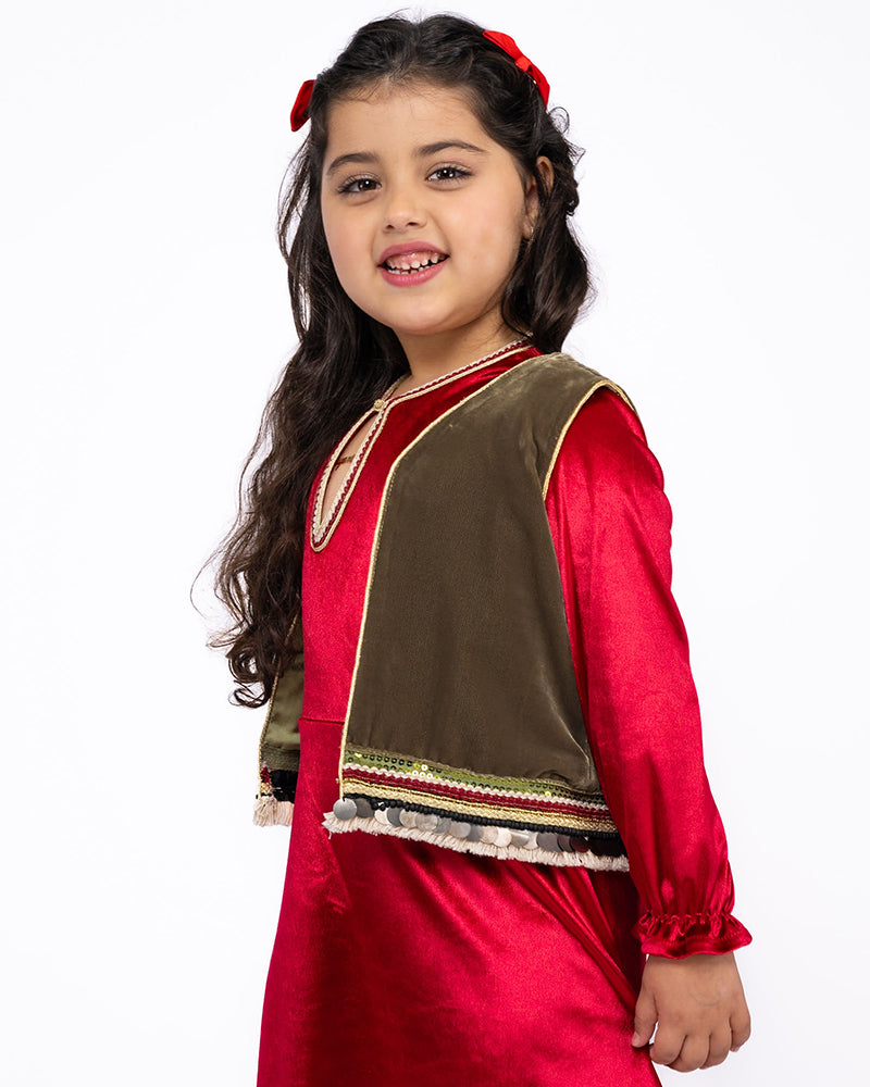 Vestido caftán con chaleco para niñas - Rojo y marrón