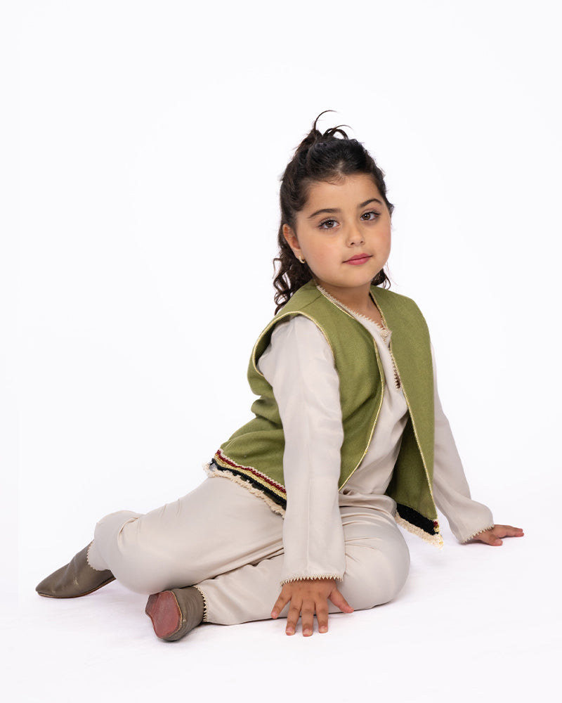 جلابة من قطعتين مع صدرية للبنت - أبيض مكسور وبيج