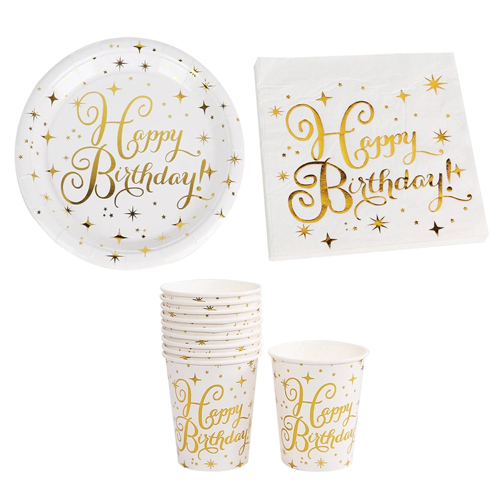 Paquete de 10 servilletas, platos y vasos - Dorado