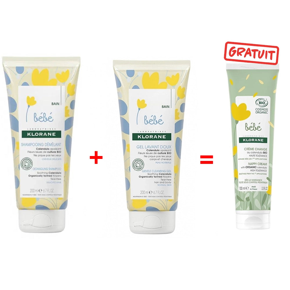 Offre : Klorane Bébé Gel lavant au Calendula 200ml + Shampooing démêlant au Calendula 200ml = Crème Change au Calendula Bio 100ml