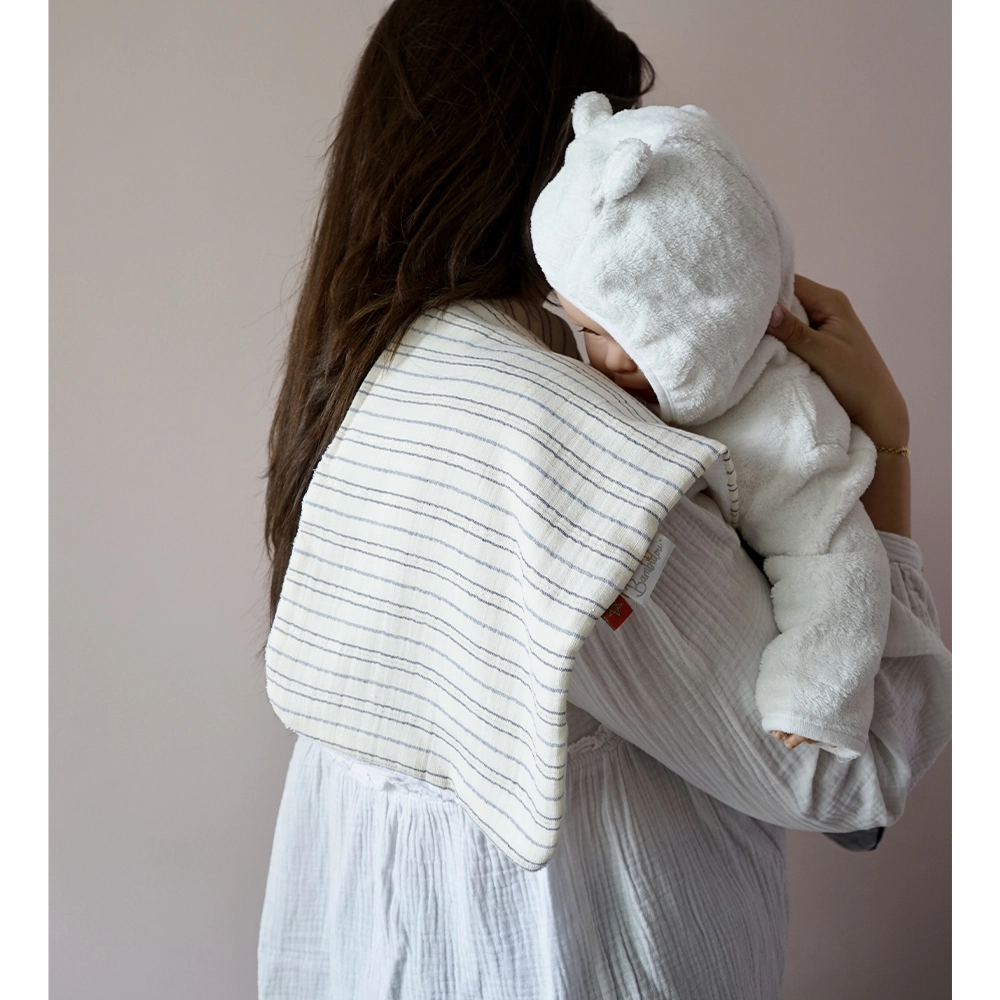 Bambidou Serviette de Rot Bavoir d'Épaule Gaze Ivoire Rayé Bleu