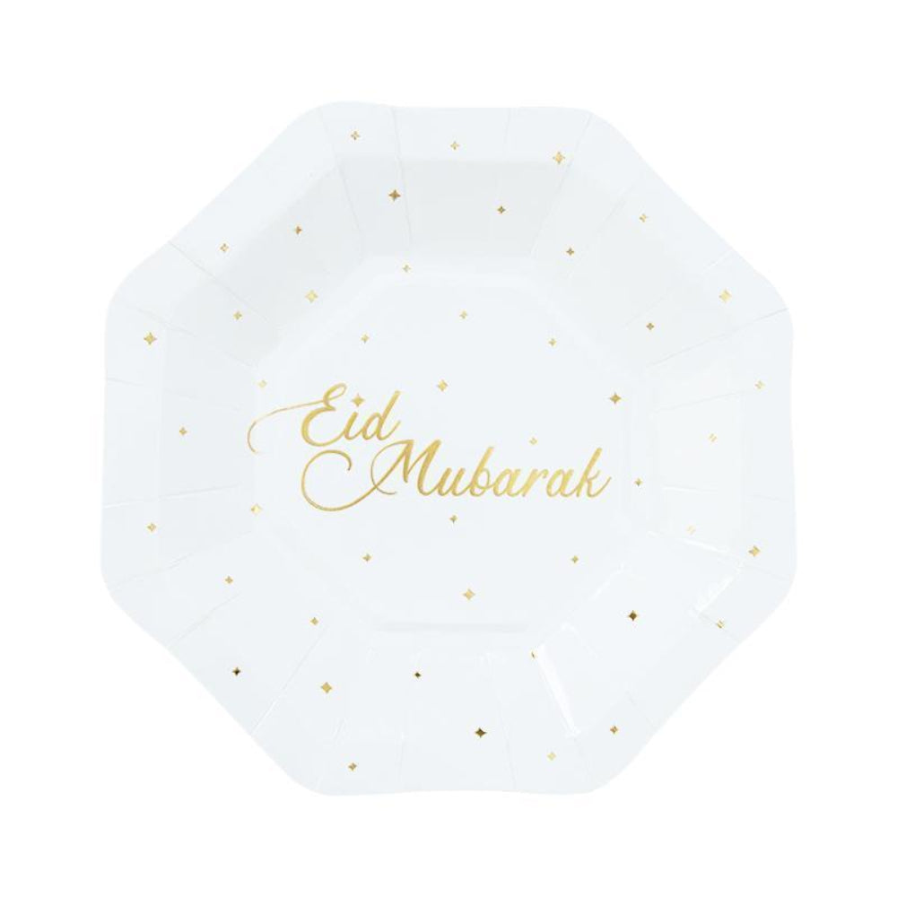 Lot de 8 Assiettes en Papier Eid 18cm - Doré & Blanc