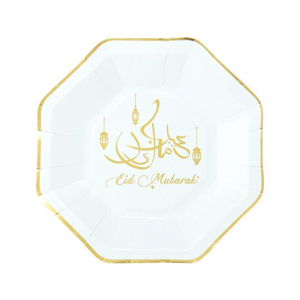 Set of 8 Eid Mubarak Paper Plates 23cm - Gold & White