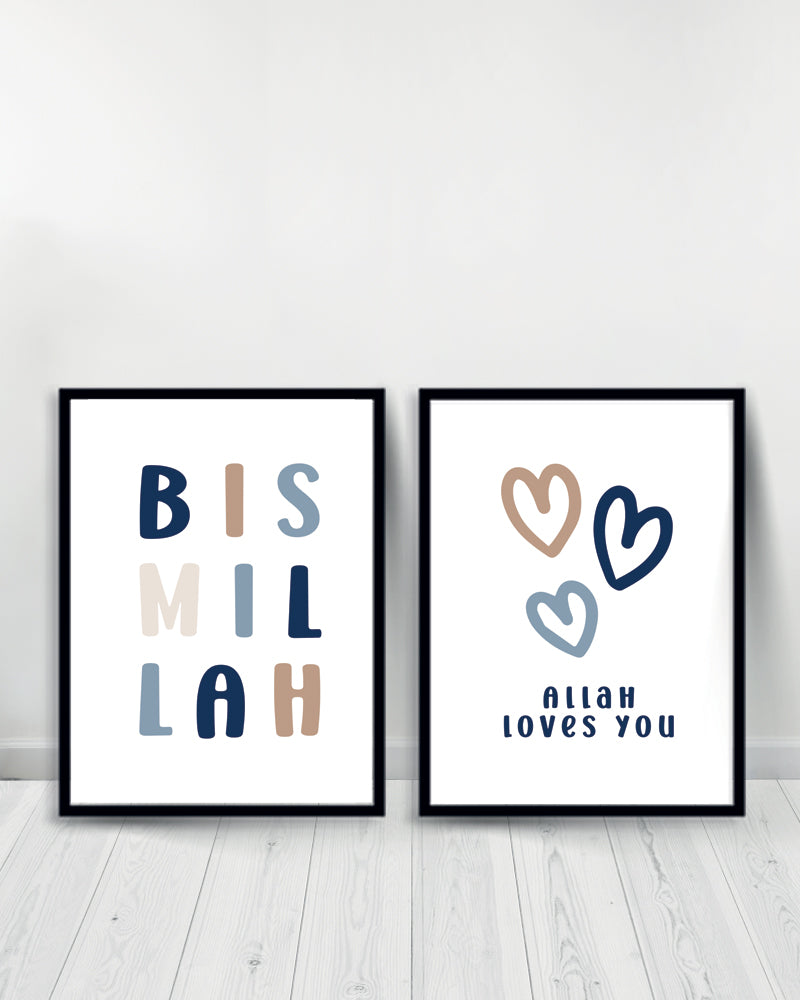 Conjunto de 2 Cuadros Decorativos Azules - Bismillah | Allah te ama - Negro