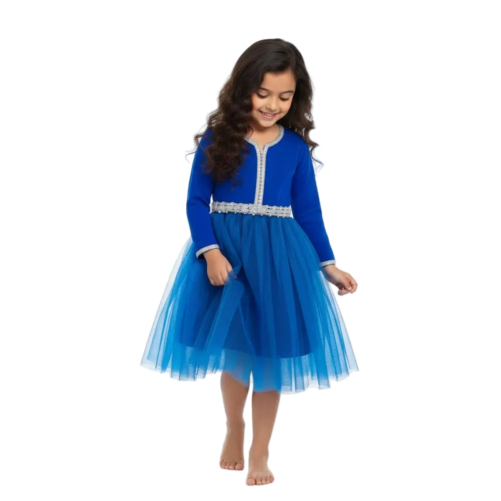 قفطان فستان للبنات بأكمام - أزرق ملكي أزور