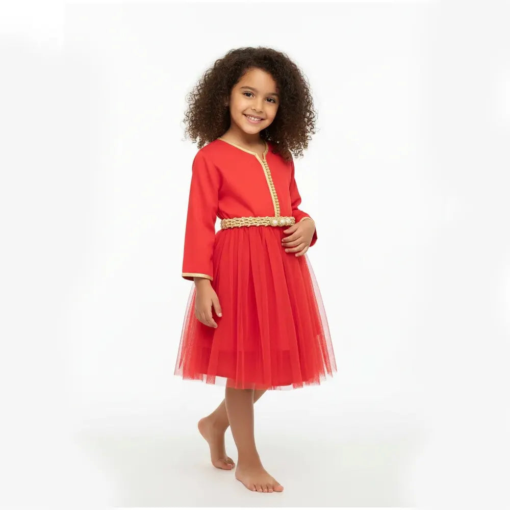 Caftan Robe pour Fille avec Manches - Rouge