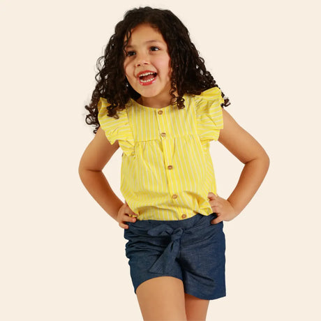 Camisa Zayna con Mangas con Volantes de Rayas – Amarillo y Blanco