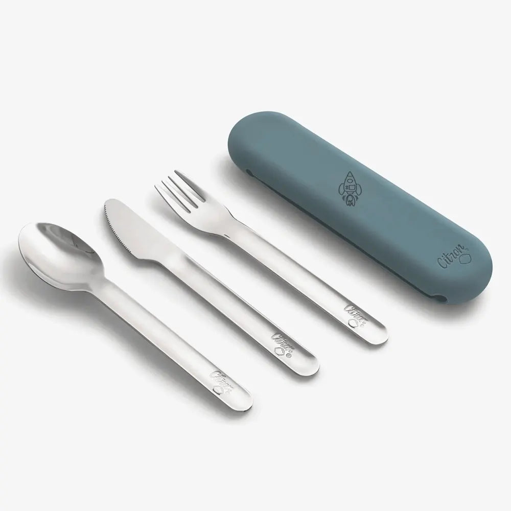 Citron Set de Couverts avec Étui en Silicone – Bleu