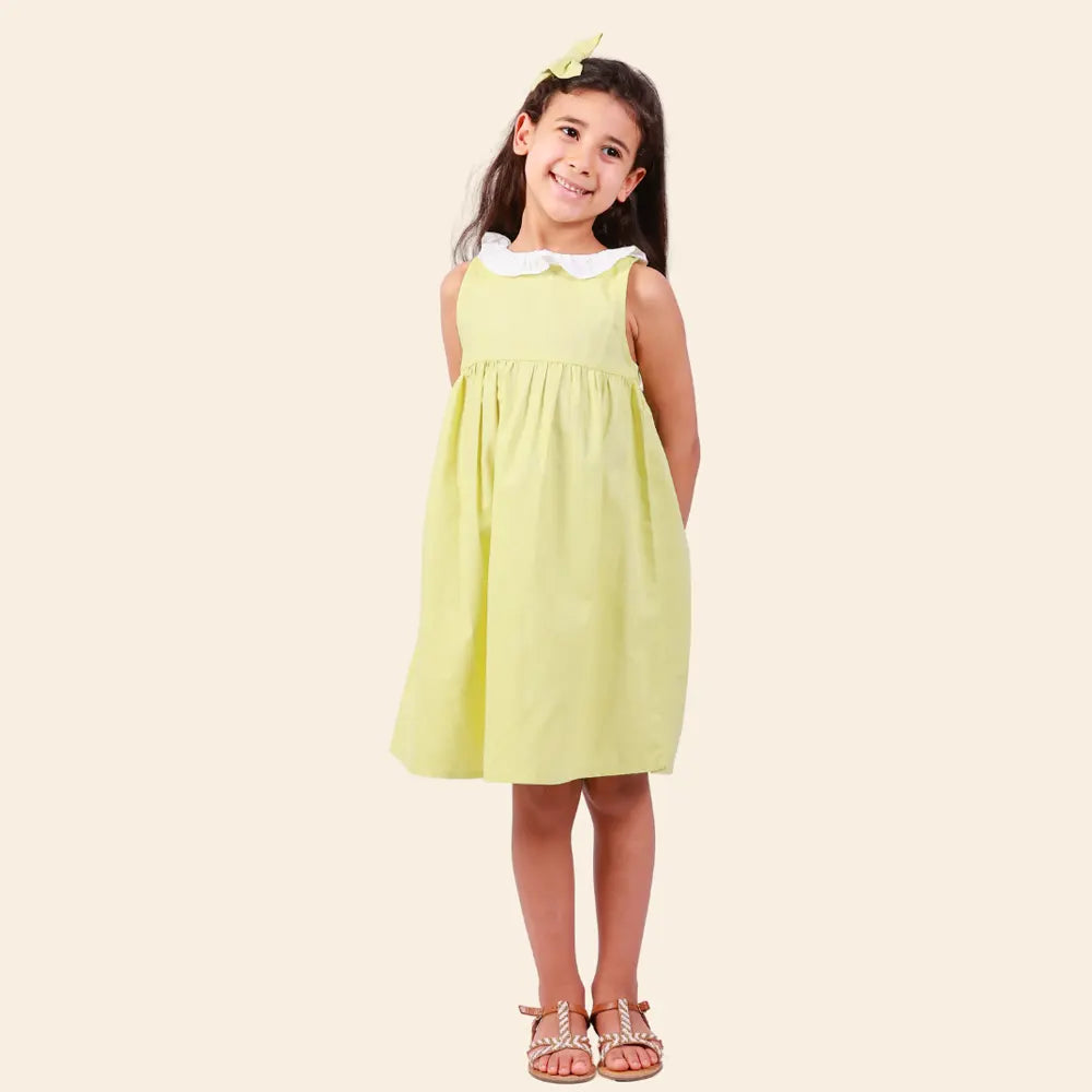 Robe Alya Sans Manches avec Col Volanté Blanc - Jaune Pastel