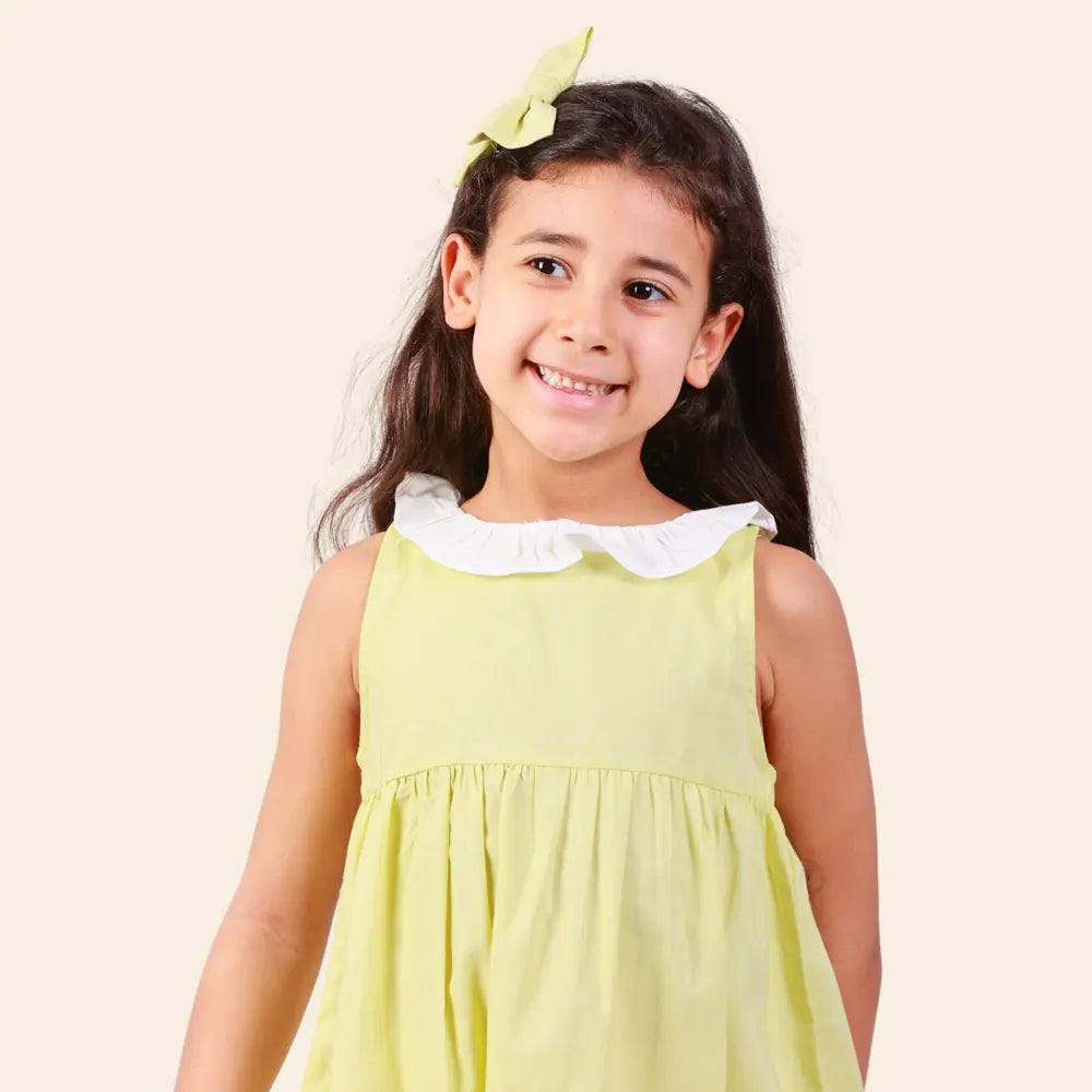 Robe Alya Sans Manches avec Col Volanté Blanc - Jaune Pastel
