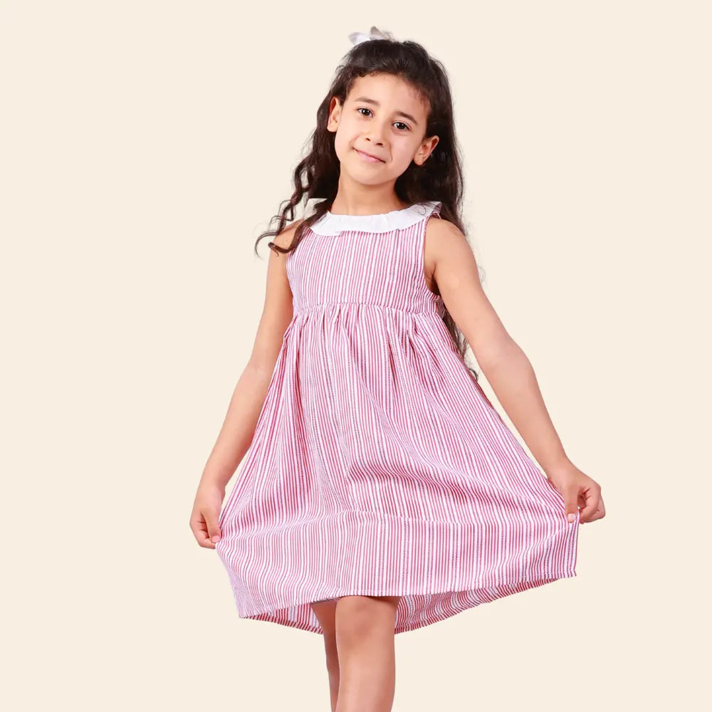 Robe Alya Sans Manches à Rayures avec Col Volanté Blanc - Rouge