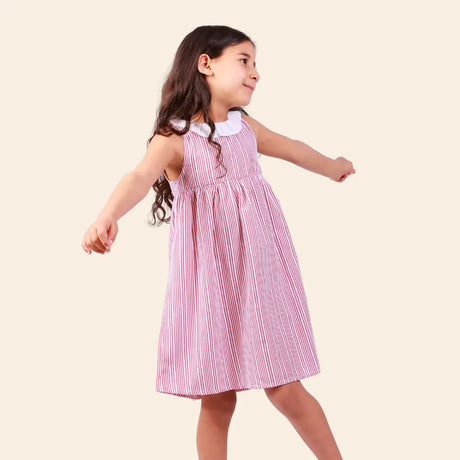 Robe Alya Sans Manches à Rayures avec Col Volanté Blanc - Rouge
