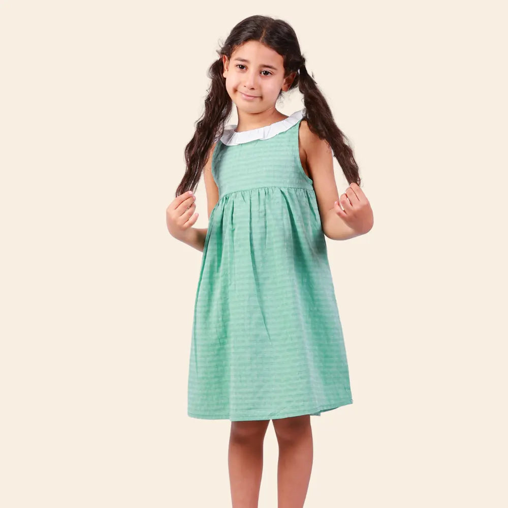 Robe Alya Sans Manches avec Col Volanté Blanc - Vert Menthe