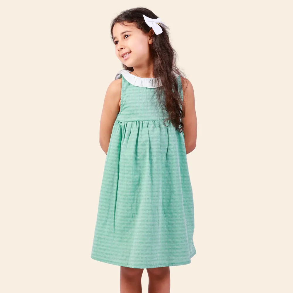 Robe Alya Sans Manches avec Col Volanté Blanc - Vert Menthe