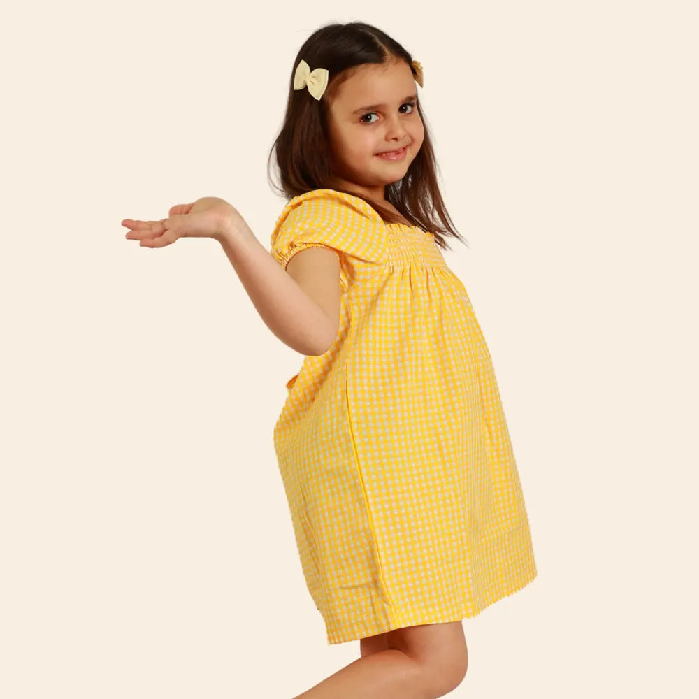 Vestido Dalya con Mangas Abullonadas – Amarillo y Blanco