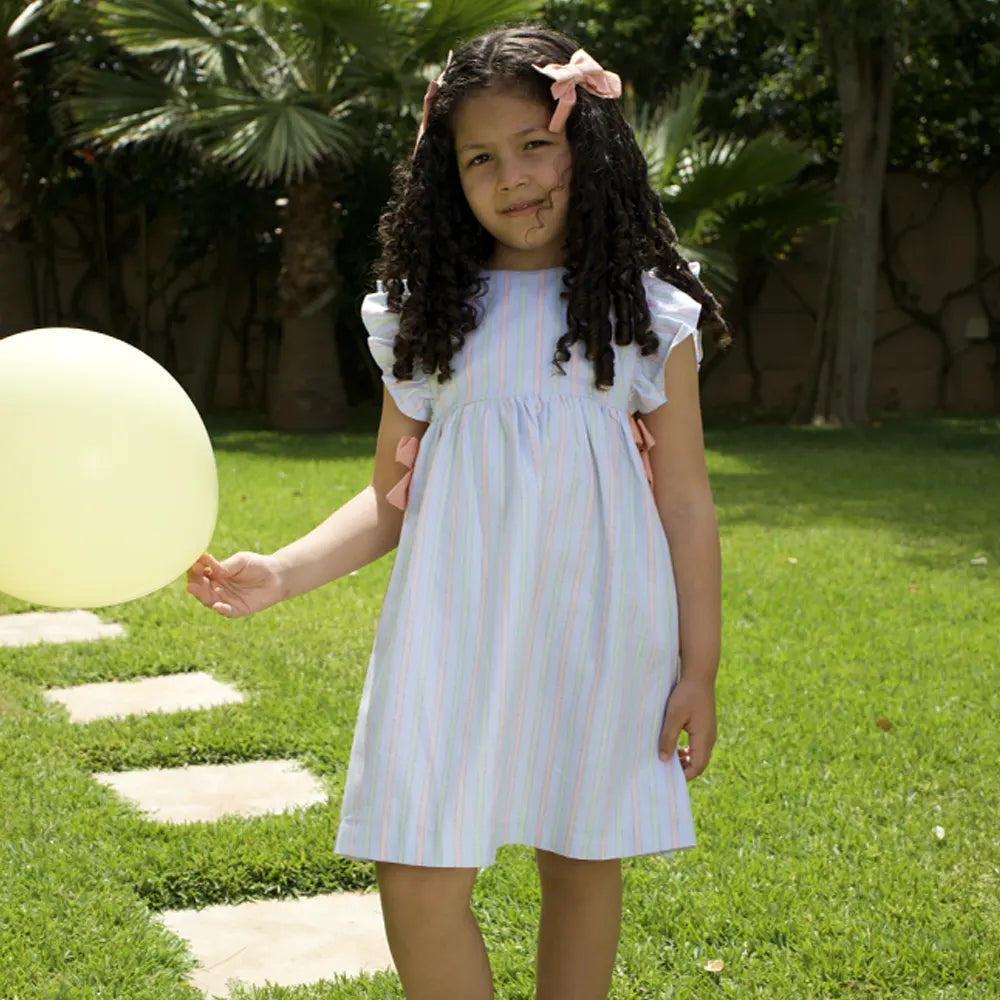 Vestido Loly de Rayas con Mariposas Coral - Azul Cielo