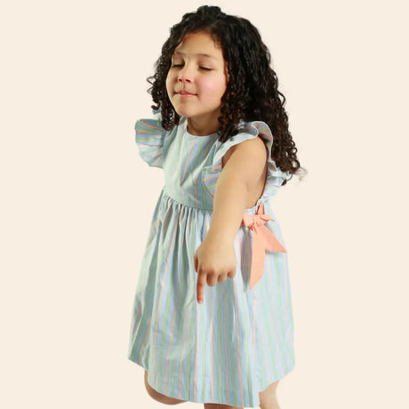 Robe Loly Rayée à Papillons Corail - Bleu Ciel