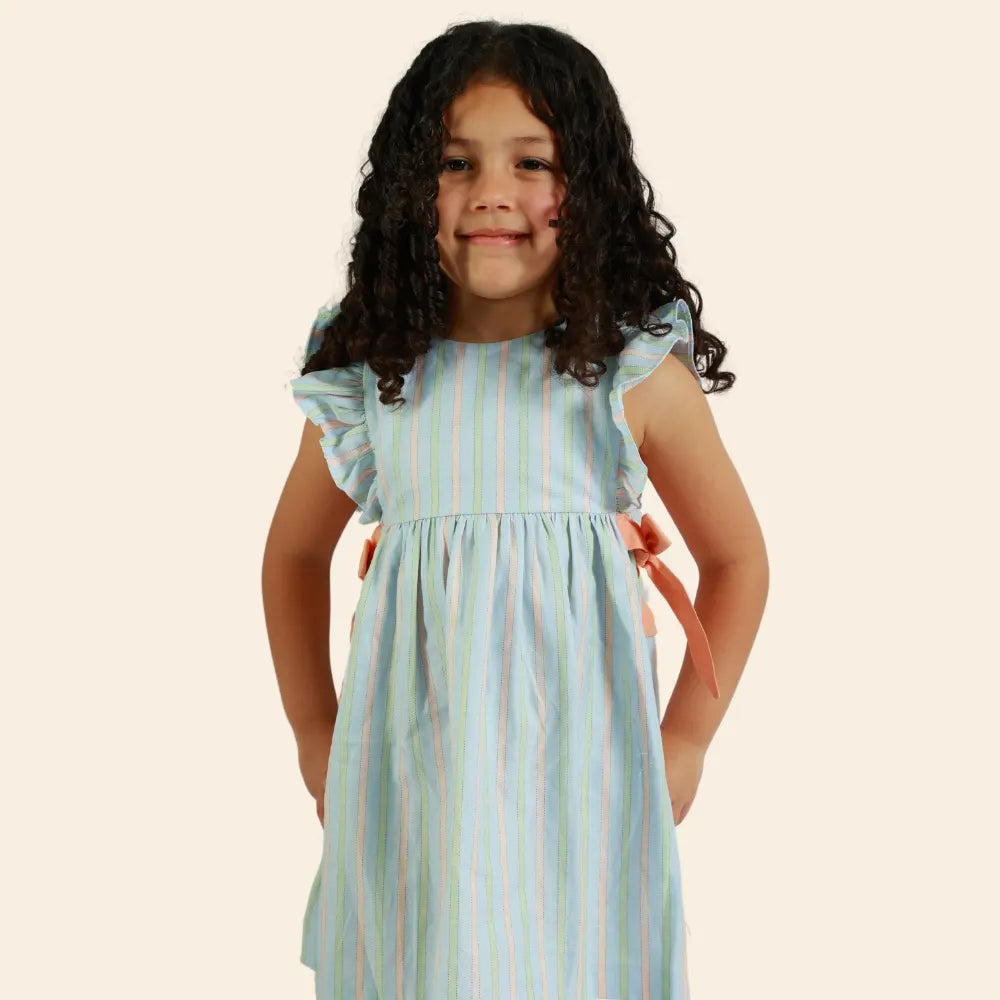 Vestido Loly de Rayas con Mariposas Coral - Azul Cielo
