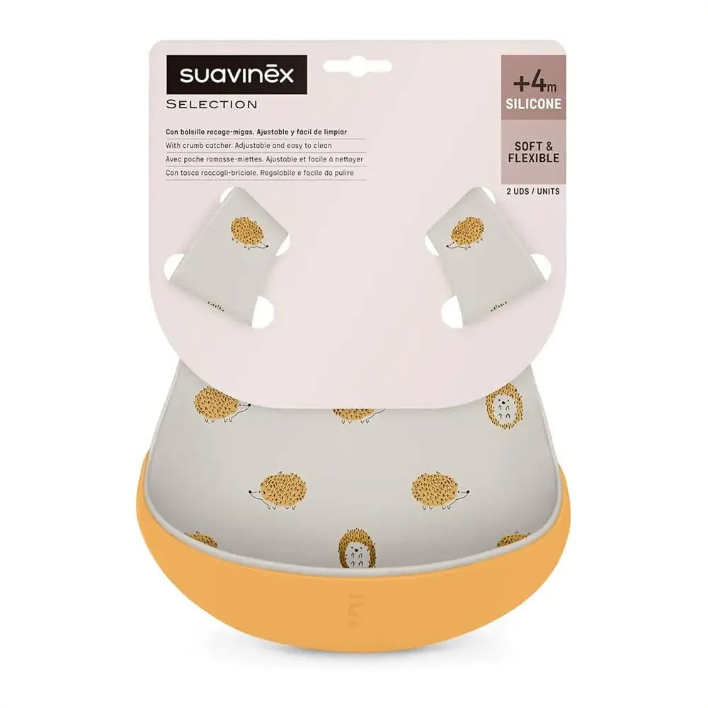 Suavinex Lot de 2 Bavoirs en Silicone 4m+ - Jaune & Gris