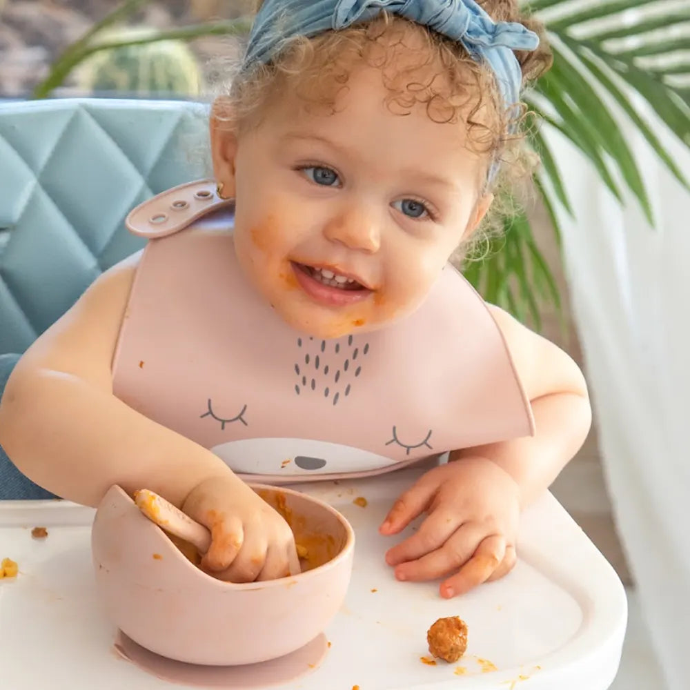 YUMMY Bavoir Chat en Silicone avec Poche 9M+ - Rose Poudré