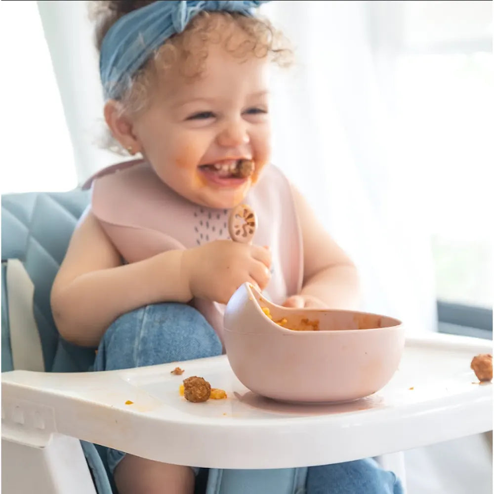 YUMMY Bavoir Chat en Silicone avec Poche 9M+ - Rose Poudré
