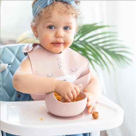 YUMMY Bavoir Chat en Silicone avec Poche 9M+ - Rose Poudré