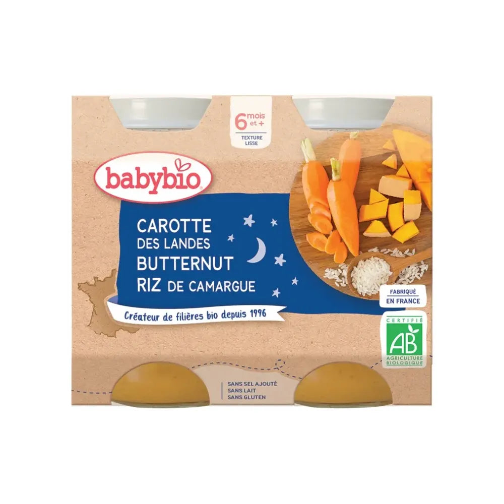 Babybio Pot Bonne Nuit Carotte Courge Butternut Riz 2x200g
